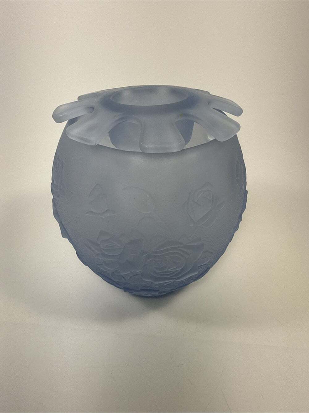 Vtg Frosted Blue Vase Rose Relief Pressed Glass Rose Bowl With Flower Frog